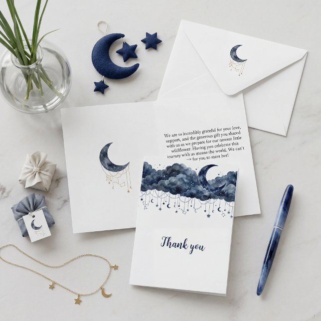 Himlavattenfärgmoln Baby Shower Tackkort  (Baby shower thank you card. A little star, moon, blue)