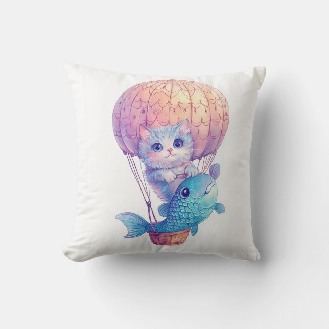 Himlen Högt Kitty � Söt Whimsical Katt Äventyr Kudde (Framsida)