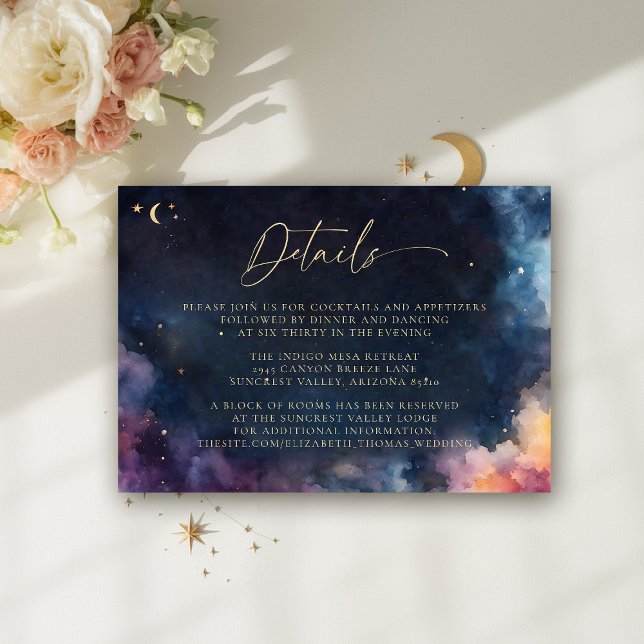 Himlens blåa elegans vid midnatt Bröllopsdetaljer Tilläggskort (celestial wedding details reception card cosmic watercolor starry night sky galaxy universe astrolog)