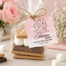 Himlensända Bebisdusch Rosa Måne Stjärnor Gåvor Etiketter