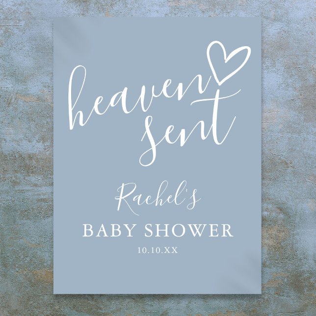 Himlensända dammig blå pojke baby shower-skylt poster (Heaven Sent Dusty Blue Boy Baby Shower Sign)