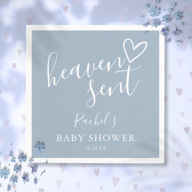 Himlensända manus Dammig blå pojke baby shower Pappersservett (Heaven Sent Script Dusty Blue Boy Baby Shower Napkins)