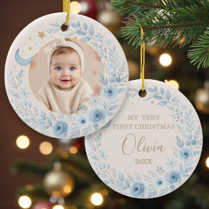 Himlensblå baby första julen foto julgransprydnad keramik