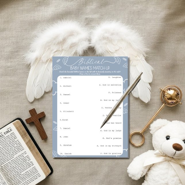 Himlensblå bibliska babysnamn matchning inbjudningar (Heavenly Blue Biblical Baby Names Match-Up)