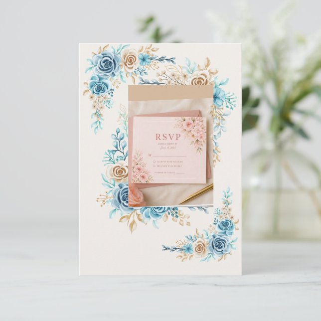 Himlensblå Blommig RSVP-kort Elegant Bröllopssvar OSA Kort (Stående Fram)