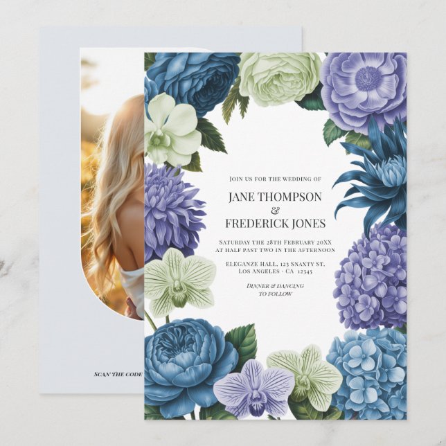 Himlensblå, Frostad Indigo & Silver Pebble Inbjudningar (Fram/baksida)