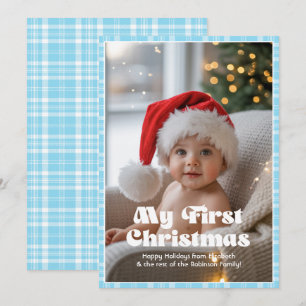 Himlensblått Gingham Min Första Jul Bebis Julkort