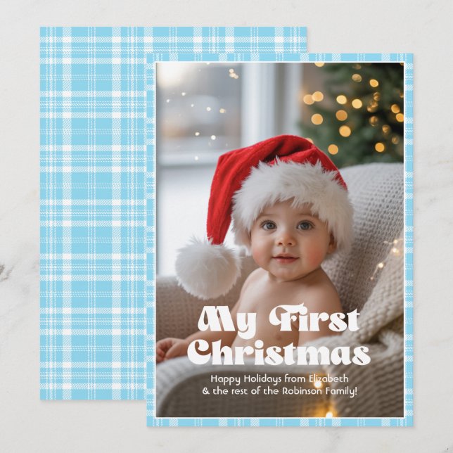 Himlensblått Gingham Min Första Jul Bebis Julkort (Fram/baksida)
