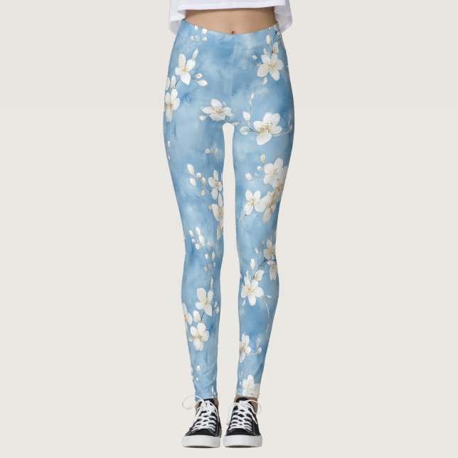Himlenskt Blå Vackra Vita Blommor Leggings (Framsida)
