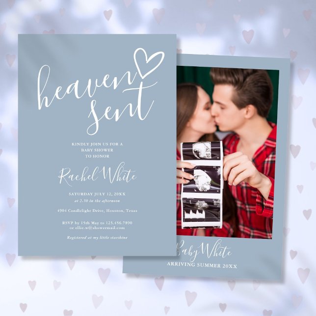 Himlenskt stoft blå fotoboy baby shower inbjudningar (Heaven Sent Dusty Blue Photo Boy Baby Shower Invitation)