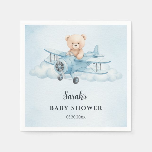 Himmel Äventyr Cute Nalle Pilot Baby Shower Pappersservett (Framsidan)