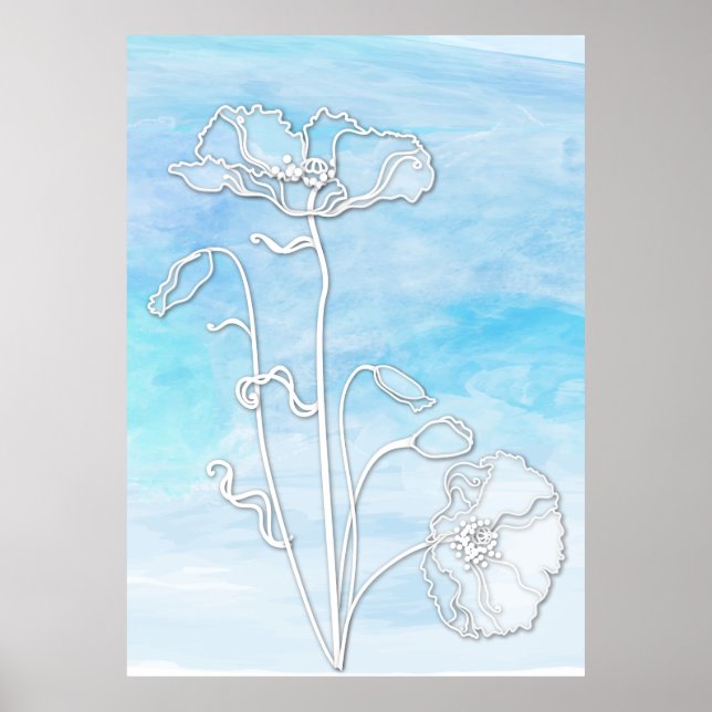 Himmel Blue Abstrakt Watercolor och Poppies Poster (Framsidan)