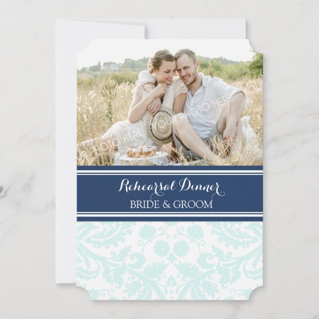 Himmel Blue Damask Photo Rehearsal Dinner Party Inbjudningar (Framsida)