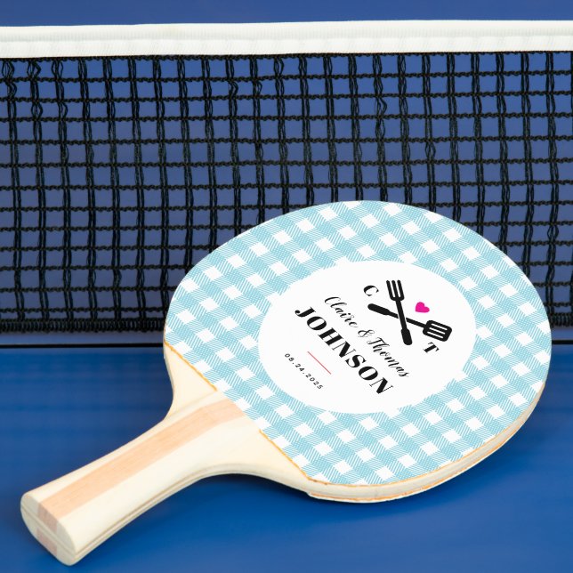 Himmel Blue Gingham Play Grill Monogram Bröllop Pingisracket (Insitu)