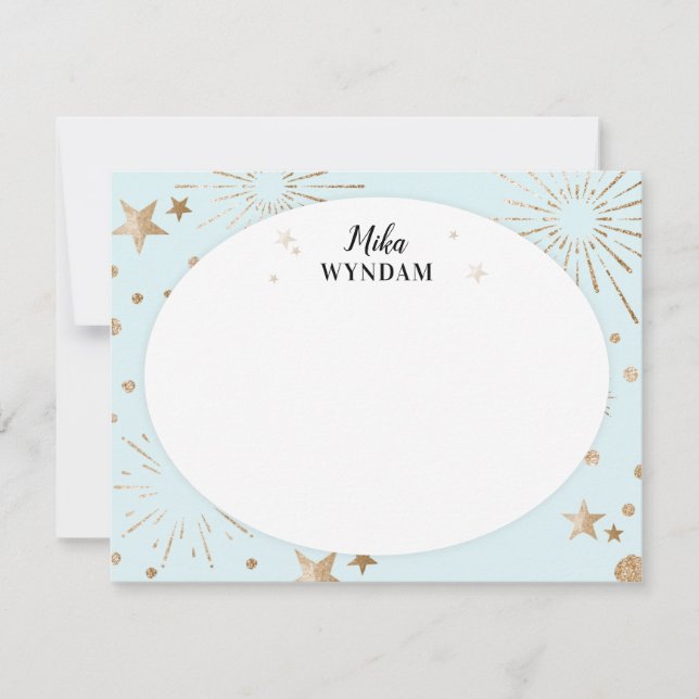 Himmel Blue Glitter Stars och Fireworks Note Card Anteckningskort (Framsida)