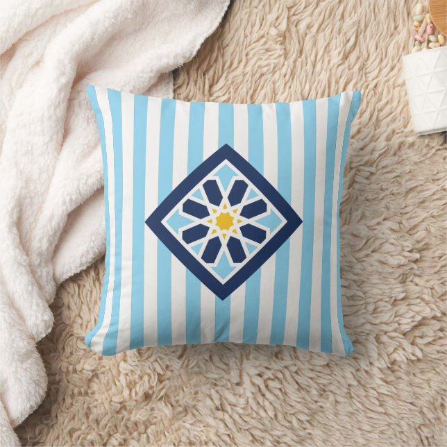 Himmel Blue Moroccan Zellige Flower Symbol Kudde (Filt)