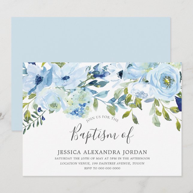 Himmel Blue Watercolor Flowers Baptism Christening Inbjudningar (Fram/baksida)