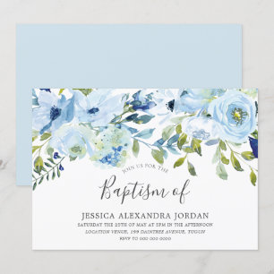 Himmel Blue Watercolor Flowers Baptism Christening Inbjudningar