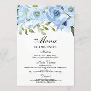 Himmel Blue Watercolor Flowers Modern Bröllop Meny