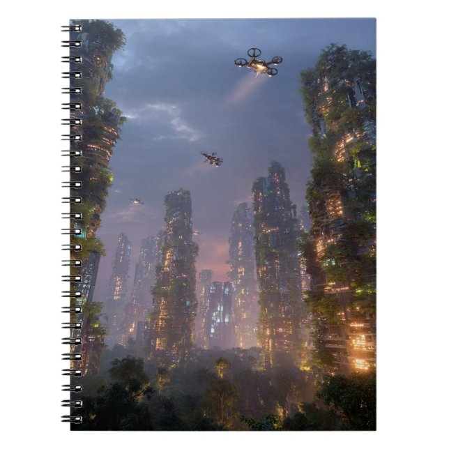 Himmel Forest Futuristiska Drone City Notebook Anteckningsbok (Framsidan)