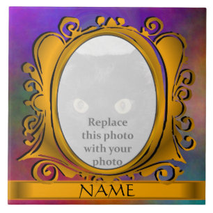 Himmel Guld Oval Photo Ram med Namn Tile Kakelplatta