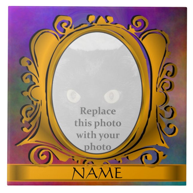 Himmel Guld Oval Photo Ram med Namn Tile Kakelplatta (Framsidan)