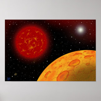 Himmel med en röd dvärgstjärna flytande i den. poster