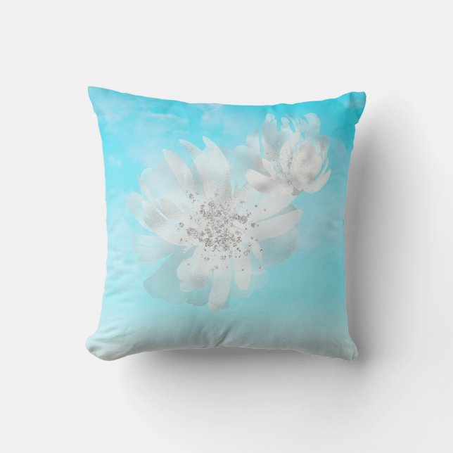 *~* Himmel Ombre Clouds White Flowers Glitter Blue Kudde (Framsida)
