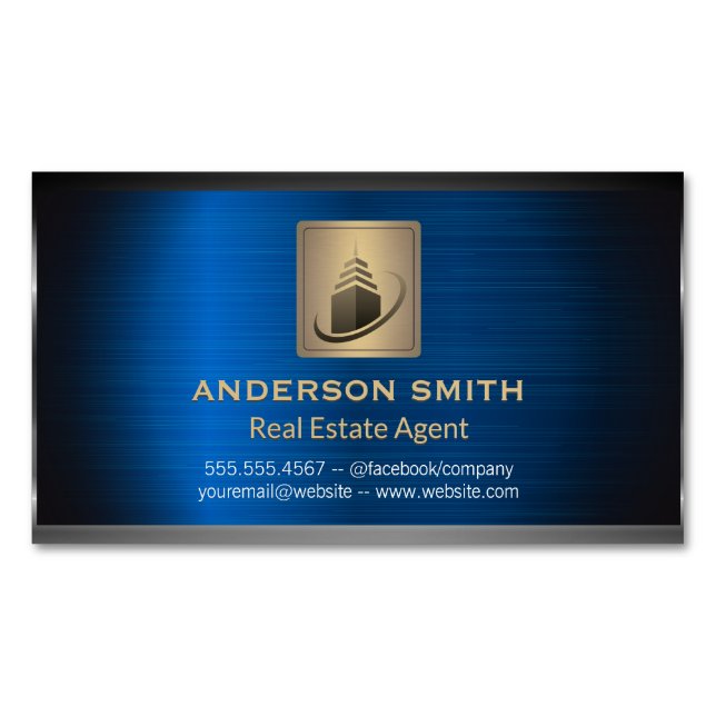 Himmel Scraper Byggnad | Blått metallbakgrund Magnetiska Visitkort (Framsida)