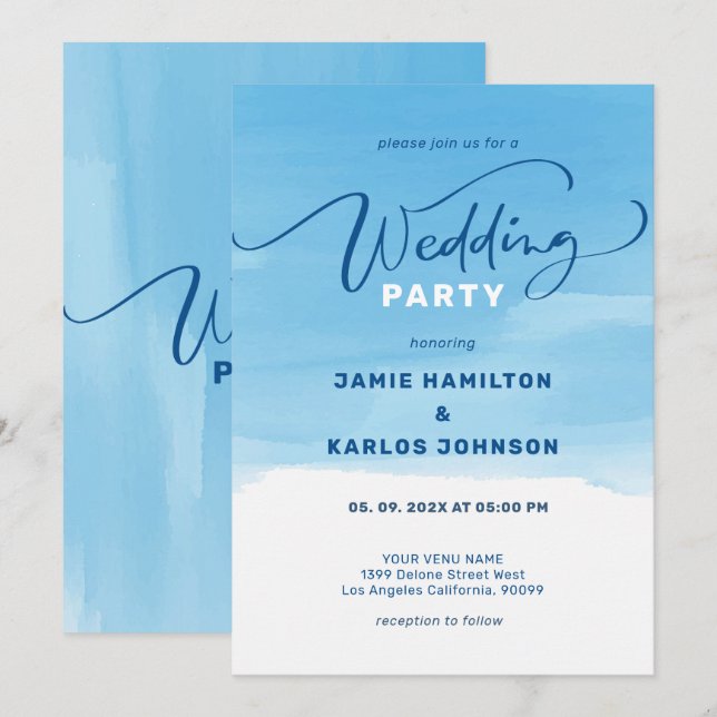 Himmelblå akrylfärgsbakgrund elegant typografi inbjudningar (Fram/baksida)