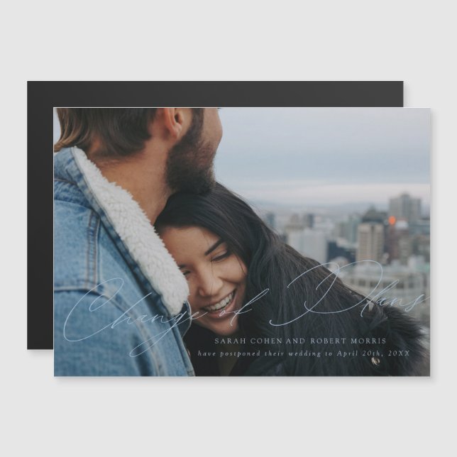 Himmelblå bröllopsförändring av datum med scriptad magnetisk inbjudningskort (Fram/baksida)