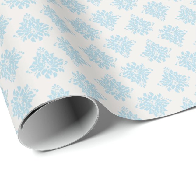 Himmelblå Damask på Elfenben Presentpapper (Rullad Hörn)