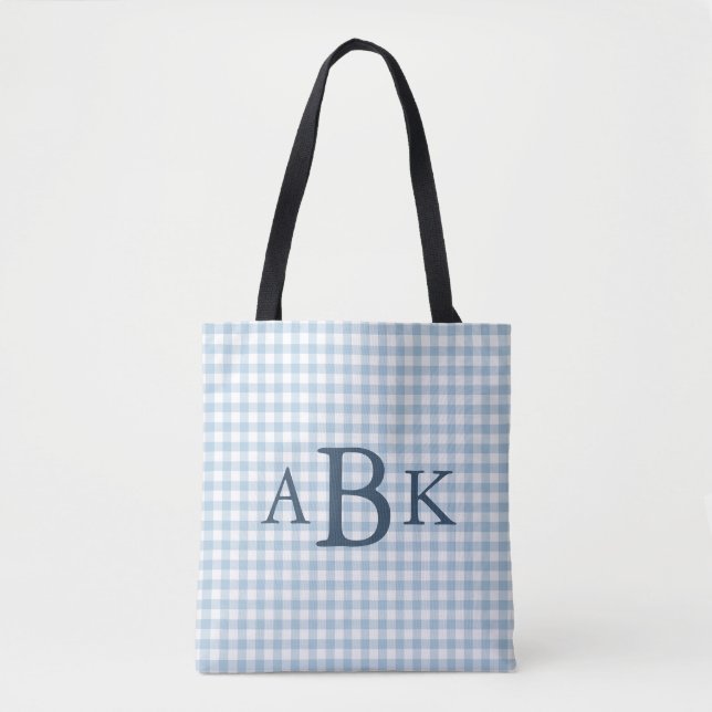 Himmelblå Gingham-monogram Tygkasse (Framsida)