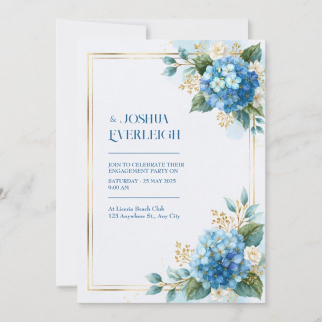 Himmelblå Hydrangea Guld Bröllop Inbjudningar (Framsida)