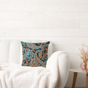 Himmelblå och höstorange vintage paisley kudde