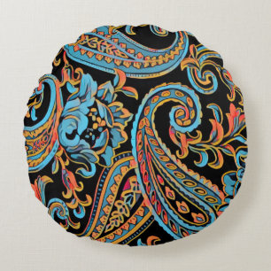 Himmelblå och höstorange vintage paisley rund kudde