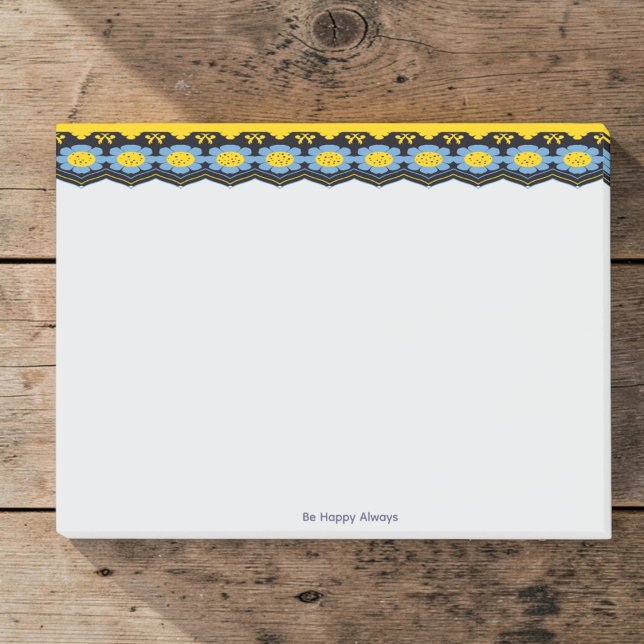 Himmelblå och solgul blomster post-it block (Made by hand with love. Blue floral edge with bright yellow and black and add your own quote below.)