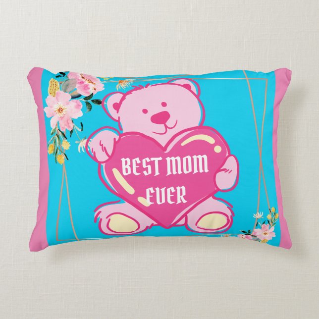 Himmelblå Rosa Chic Teddybjörn Hjärtan Blommig Des Prydnadskudde (Framsidan)