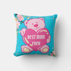 Himmelblå Rosa Teddybjörn Hjärtan Blommig Design Kudde