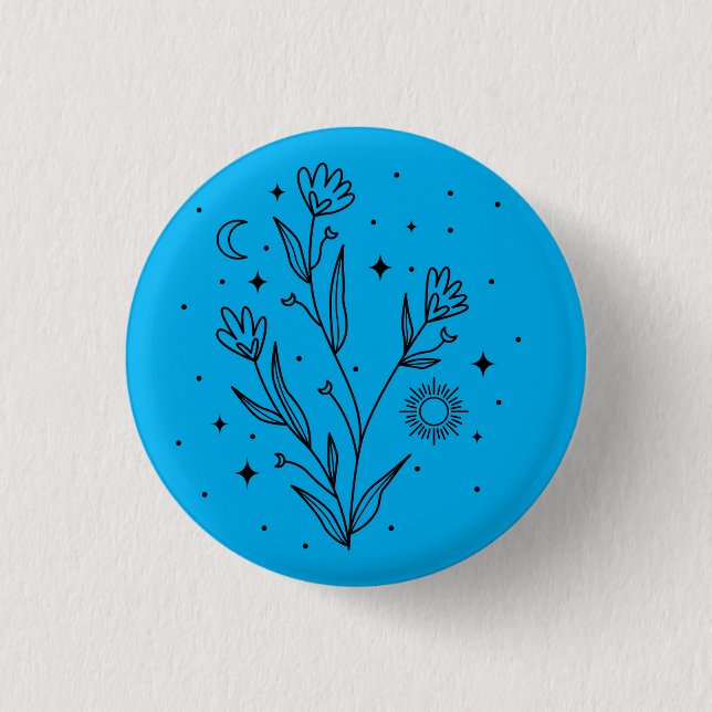 Himmelblå & Svarta Blommiga Knapp Snygg Pin (Framsida)