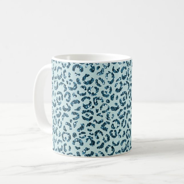 Himmelblå Turkos Leopardyck Glitter Kaffemugg (Framsida vänster)