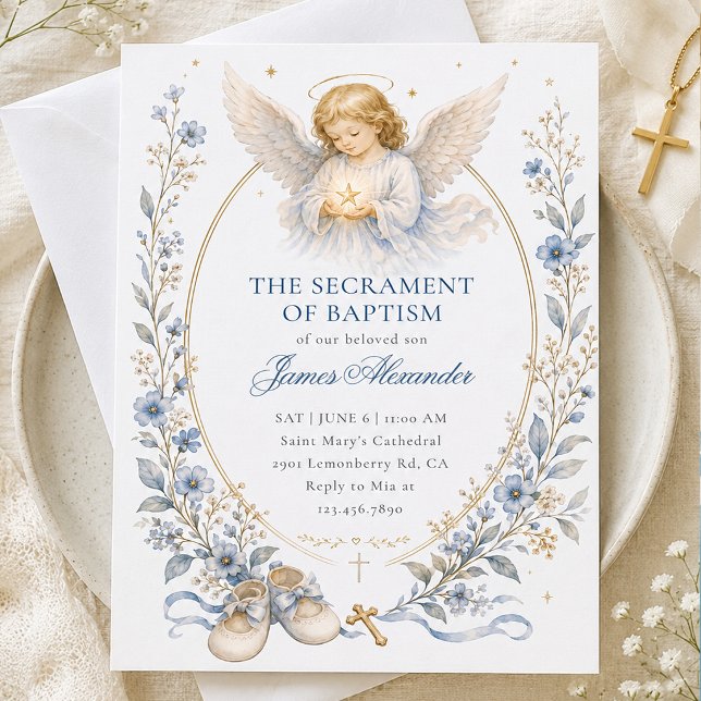 Himmelsblå akvarellängelbarnedop  inbjudningar (Blue Watercolor Angel Baptism Invitation | Elegant Christening Theme)