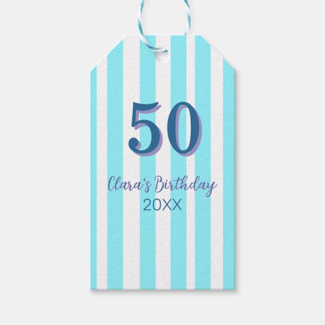 himmelsblå ränder 50-årsdag namn datum enkelt presentetikett (Framsidan)