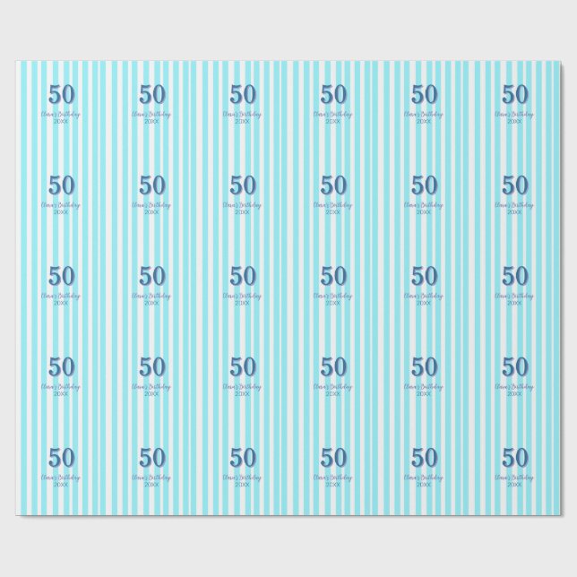himmelsblå ränder 50-årsdag namn datum enkelt presentpapper (Platt)