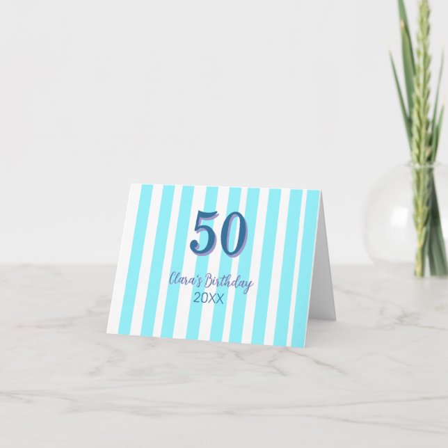 himmelsblå ränder 50-årsdag namn datum enkelt tack kort (Framsida)