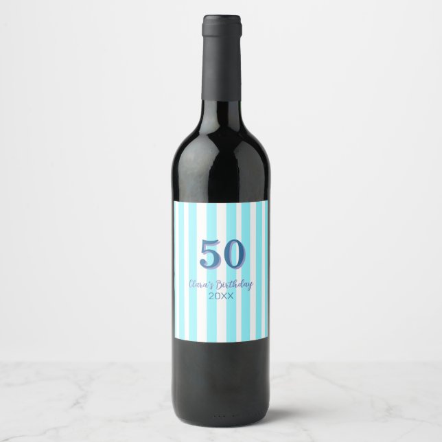 himmelsblå ränder 50-årsdag namn datum enkelt vinflaska etikett (Framsida)