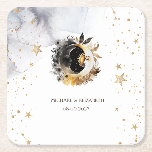 Himmelsgult Sol,Måne,Stjärnor Blommor Underlägg Papper Kvadrat (Framsidan)