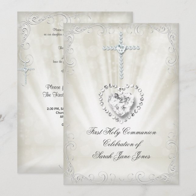 Himmelsk 2 för First Heliga Communion White Beige  Inbjudningar (Fram/baksida)