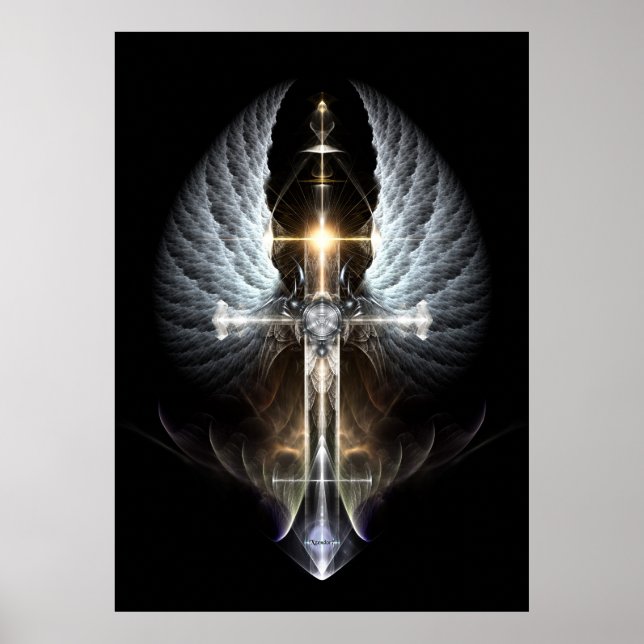 Himmelsk Angel Vinge Kor Fractal Art Black Bkgnd Poster (Framsidan)