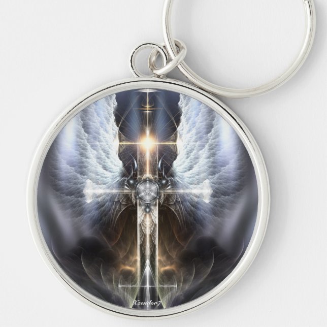 Himmelsk Angel Vinge Kor Fractal Art Keychain Rund Silverfärgad Nyckelring (Framsidan)